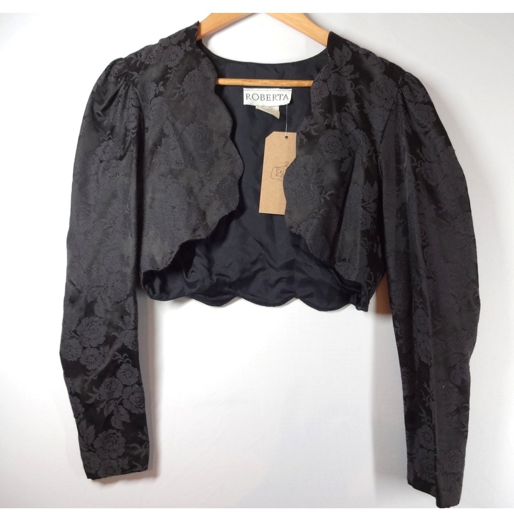 Vintage Roberta Cropped Jacket Womens 5/6 Black Floral Jacquard Scalloped Bolero